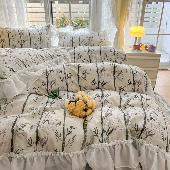 91家纺网 家纺一手货源 找家纺 慕澄 2024新款时尚印花泡泡棉花边四件套 竹影