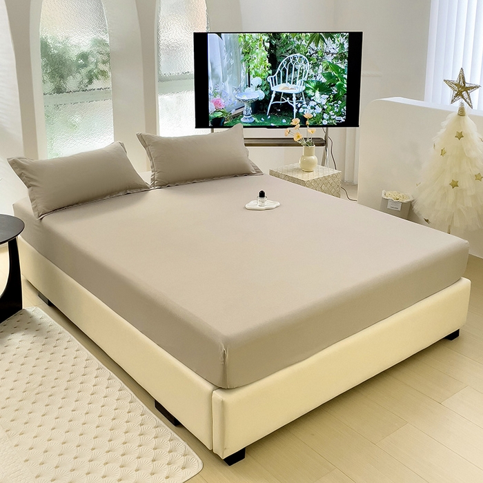 91家纺网 家纺一手货源 找家纺  楠沐家纺 2025新款纯色亲肤芦荟棉水洗棉床笠 浅驼