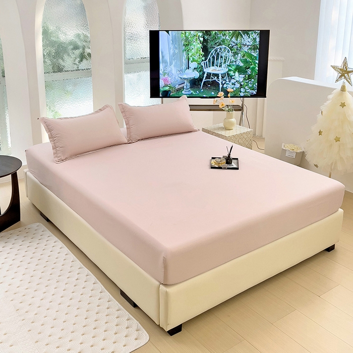 91家纺网 家纺一手货源 找家纺  楠沐家纺 2025新款纯色亲肤芦荟棉水洗棉床笠 粉红