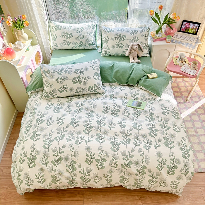 91家纺网 家纺一手货源 找家纺  琪格格纺织 2024新款13372全棉印花小清新四件套 森林花