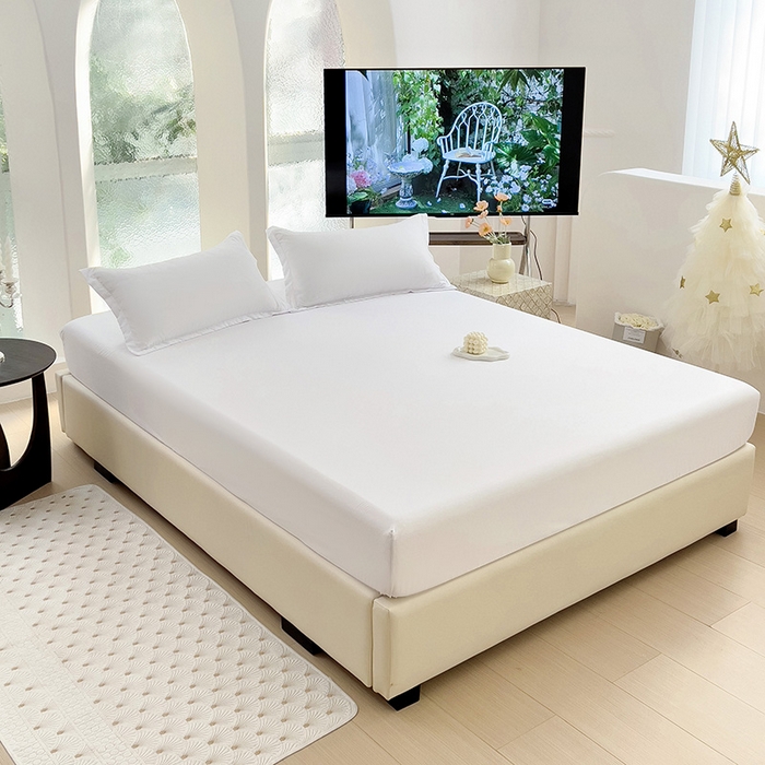 91家纺网 家纺一手货源 找家纺  楠沐家纺 2025新款纯色亲肤芦荟棉水洗棉床笠 本白