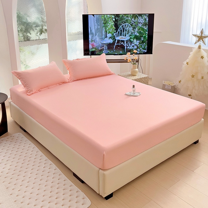 91家纺网 家纺一手货源 找家纺  楠沐家纺 2025新款纯色亲肤芦荟棉水洗棉床笠 浅玉