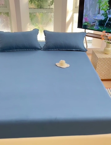 91家纺网 家纺一手货源 找家纺  楠沐家纺 2025新款纯色亲肤芦荟棉水洗棉床笠 深蓝