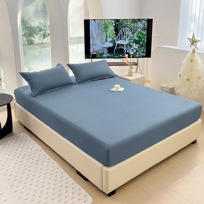 91家纺网 家纺一手货源 找家纺  楠沐家纺 2025新款纯色亲肤芦荟棉水洗棉床笠 深蓝