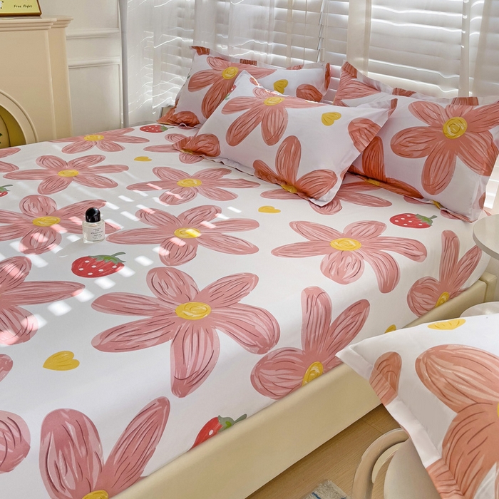 91家纺网 家纺一手货源 找家纺  楠沐家纺 2025新款印花亲肤芦荟棉水洗棉床笠 阳光花苑-粉