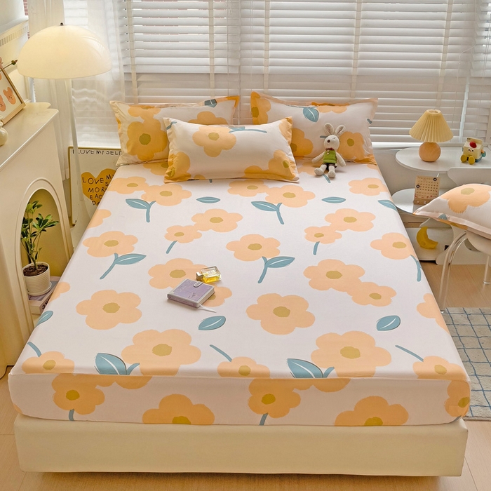 91家纺网 家纺一手货源 找家纺  楠沐家纺 2026新款印花亲肤芦荟棉水洗棉床笠 春色暖阳