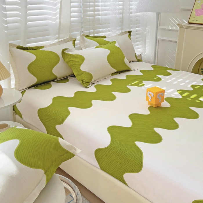 91家纺网 家纺一手货源 找家纺  楠沐家纺 2026新款印花亲肤芦荟棉水洗棉床笠 波浪纹-绿