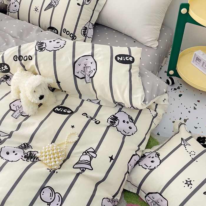 91家纺网 家纺一手货源 找家纺 乐童 2024新款直播爆款13070纯棉印花吊边款一字绣四件套 动感地带