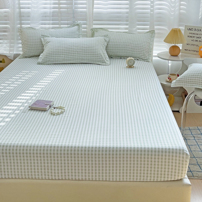 91家纺网 家纺一手货源 找家纺  楠沐家纺 2025新款印花亲肤芦荟棉水洗棉床笠 小绿格