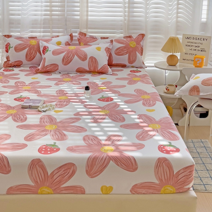 91家纺网 家纺一手货源 找家纺  楠沐家纺 2025新款印花亲肤芦荟棉水洗棉床笠 阳光花苑-粉