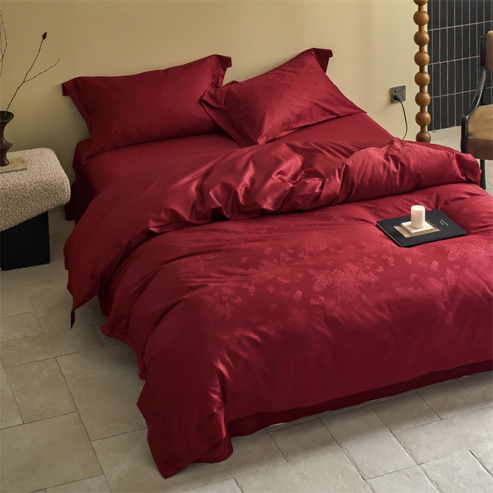 91家纺网 家纺一手货源 找家纺 （总）云胡 2024新款50s双股长绒棉四件套-蝶恋佳人红