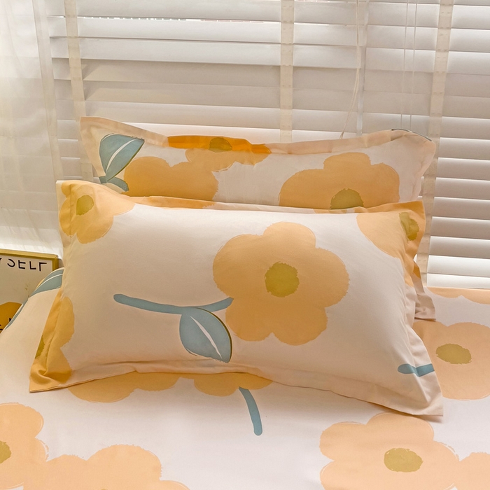 91家纺网 家纺一手货源 找家纺  楠沐家纺 2026新款印花亲肤芦荟棉水洗棉床笠 春色暖阳