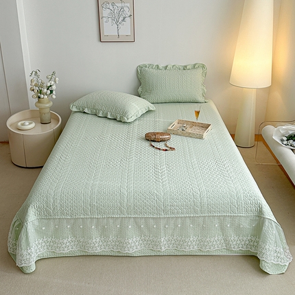 源舜家纺 2025新款泡芙棉大蕾丝床盖款三件套 花边绿色