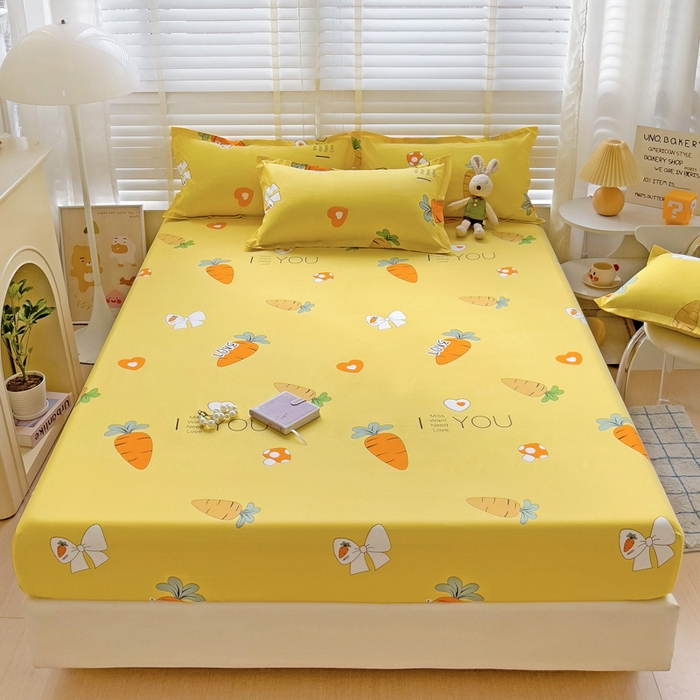 91家纺网 家纺一手货源 找家纺  楠沐家纺 2025新款印花亲肤芦荟棉水洗棉床笠 开心萝卜