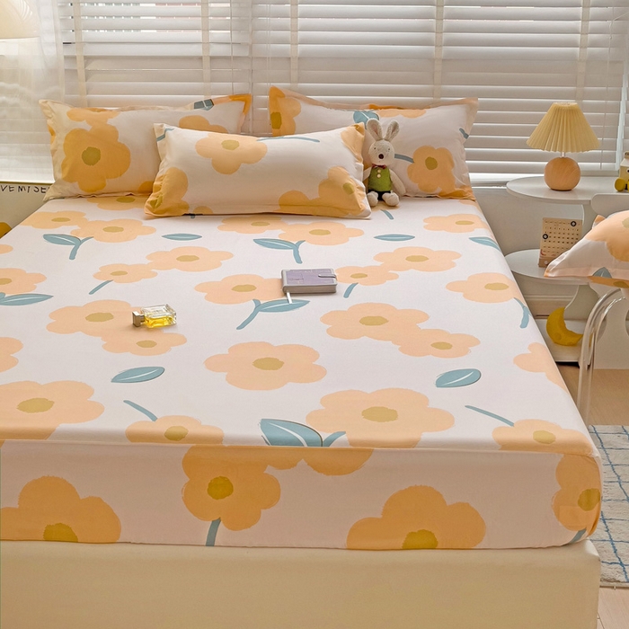 91家纺网 家纺一手货源 找家纺  楠沐家纺 2026新款印花亲肤芦荟棉水洗棉床笠 春色暖阳