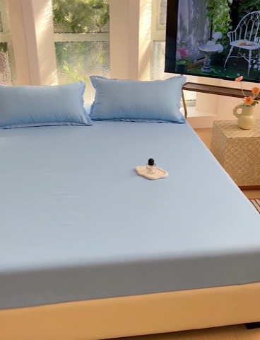 91家纺网 家纺一手货源 找家纺  楠沐家纺 2025新款纯色亲肤芦荟棉水洗棉床笠 天蓝