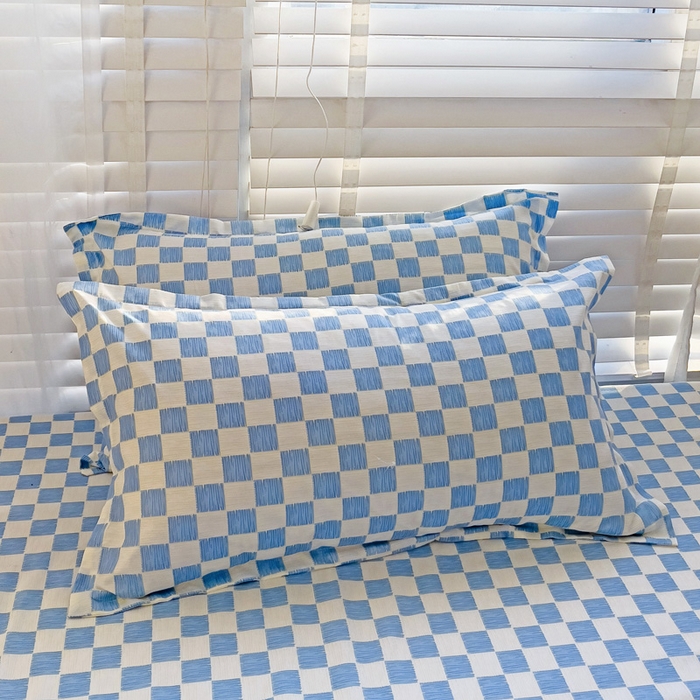 91家纺网 家纺一手货源 找家纺  楠沐家纺 2026新款印花亲肤芦荟棉水洗棉床笠 棋盘格蓝