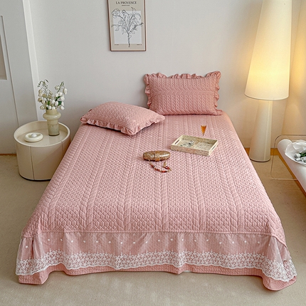 源舜家纺 2025新款泡芙棉大蕾丝床盖款三件套 花边粉色