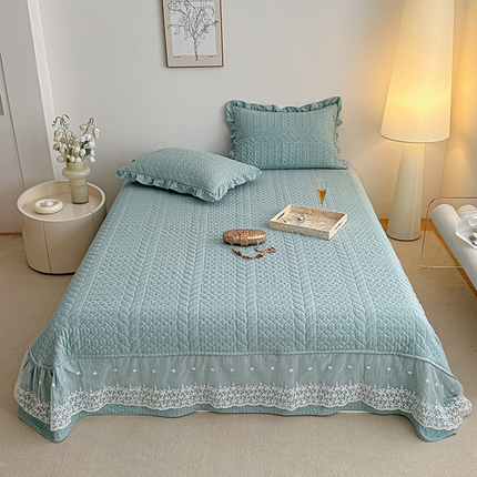 源舜家纺 2025新款泡芙棉大蕾丝床盖款三件套 花边青色