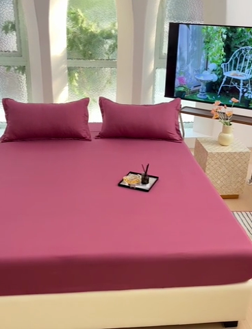 91家纺网 家纺一手货源 找家纺  楠沐家纺 2025新款纯色亲肤芦荟棉水洗棉床笠 深豆沙