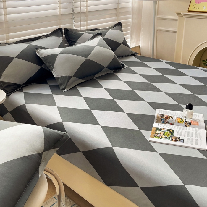 91家纺网 家纺一手货源 找家纺  楠沐家纺 2025新款印花亲肤芦荟棉水洗棉床笠 菱格灰