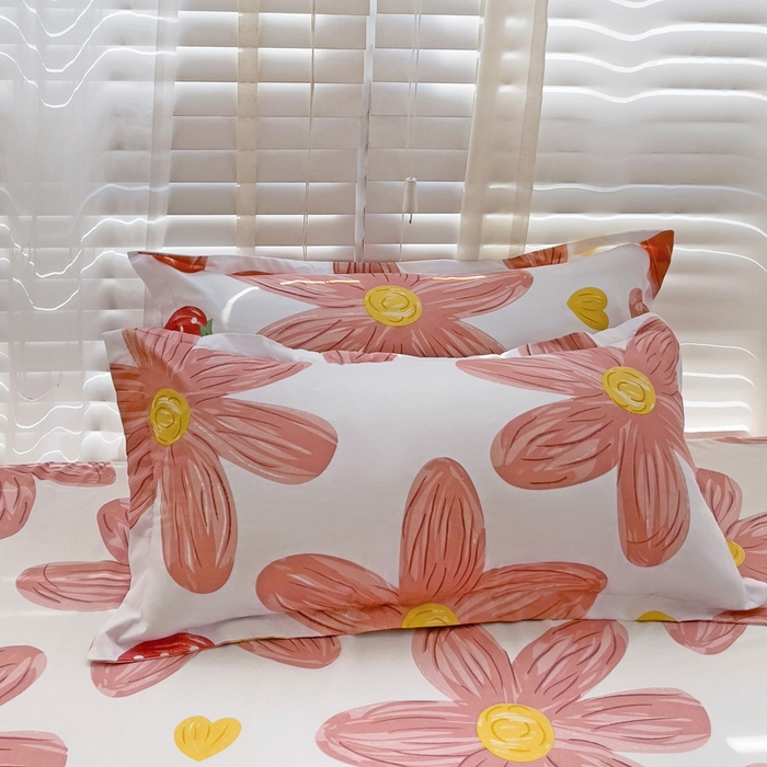 91家纺网 家纺一手货源 找家纺  楠沐家纺 2025新款印花亲肤芦荟棉水洗棉床笠 阳光花苑-粉