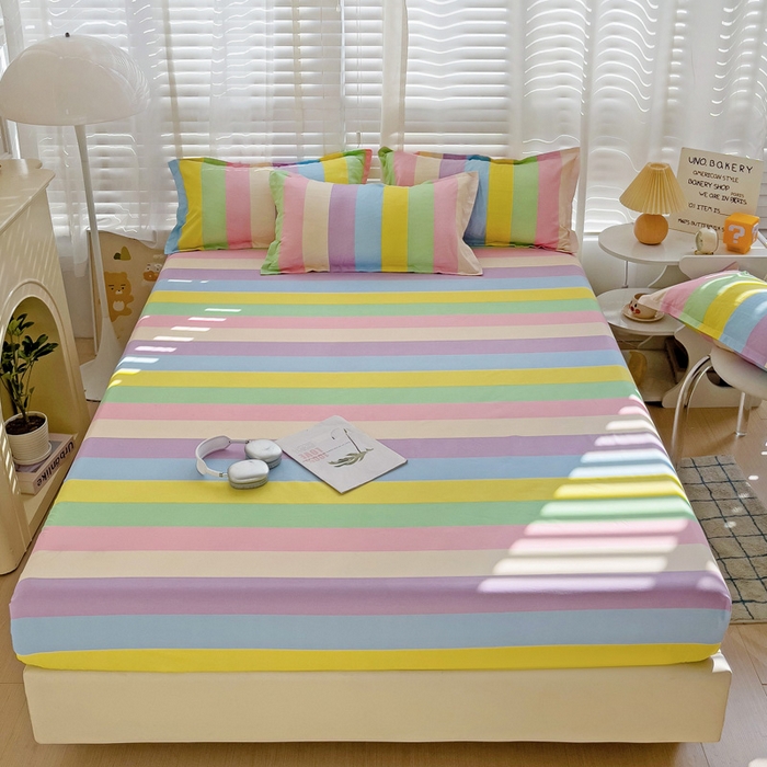 91家纺网 家纺一手货源 找家纺  楠沐家纺 2025新款印花亲肤芦荟棉水洗棉床笠 彩虹桥