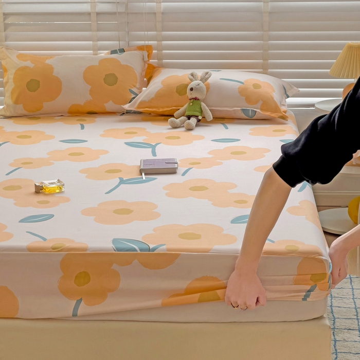 91家纺网 家纺一手货源 找家纺  楠沐家纺 2026新款印花亲肤芦荟棉水洗棉床笠 春色暖阳