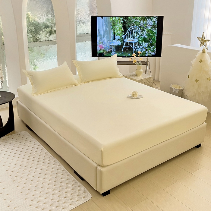 91家纺网 家纺一手货源 找家纺  楠沐家纺 2025新款纯色亲肤芦荟棉水洗棉床笠 米黄