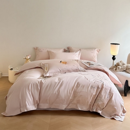 爱缦 2024新款80支新疆棉刺绣四件套--薄雾云裳系列 依依粉