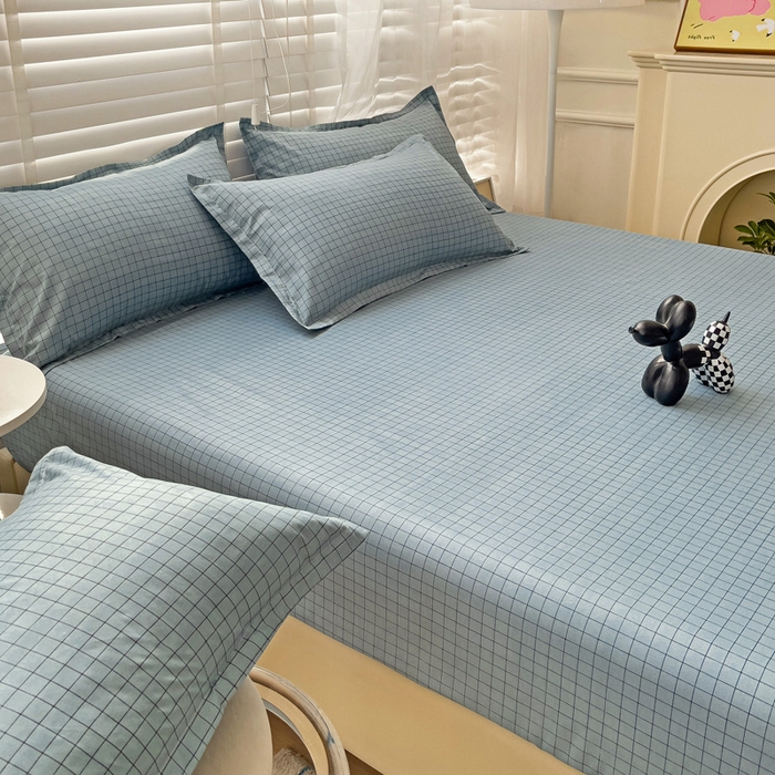 91家纺网 家纺一手货源 找家纺  楠沐家纺 2025新款印花亲肤芦荟棉水洗棉床笠 小蓝格