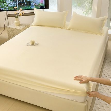  楠沐家纺 2025新款纯色亲肤芦荟棉水洗棉床笠 米黄