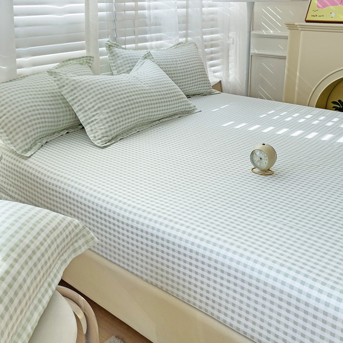 91家纺网 家纺一手货源 找家纺  楠沐家纺 2025新款印花亲肤芦荟棉水洗棉床笠 小绿格