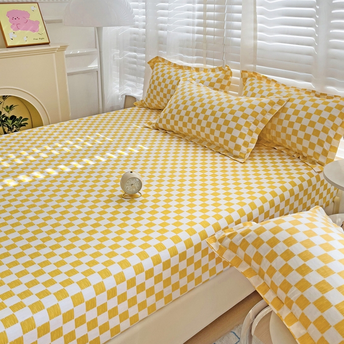 91家纺网 家纺一手货源 找家纺  楠沐家纺 2025新款印花亲肤芦荟棉水洗棉床笠 波浪纹-黄