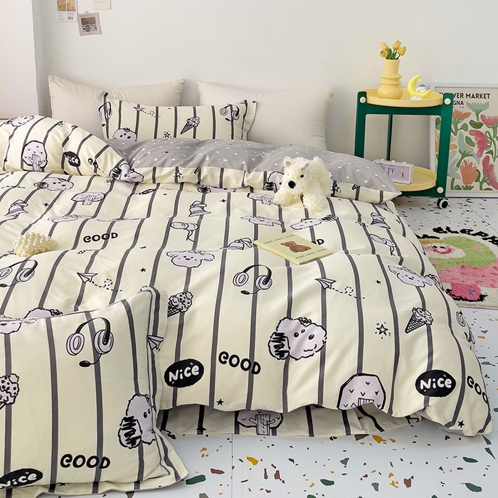 91家纺网 家纺一手货源 找家纺 乐童 2024新款直播爆款13070纯棉印花吊边款一字绣四件套 动感地带