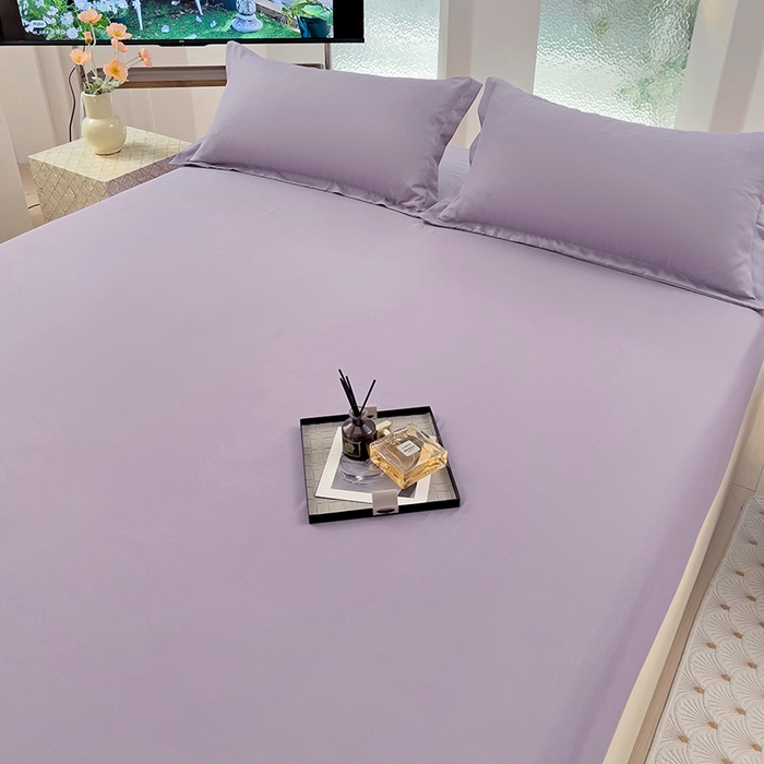 91家纺网 家纺一手货源 找家纺  楠沐家纺 2025新款纯色亲肤芦荟棉水洗棉床笠 浅紫