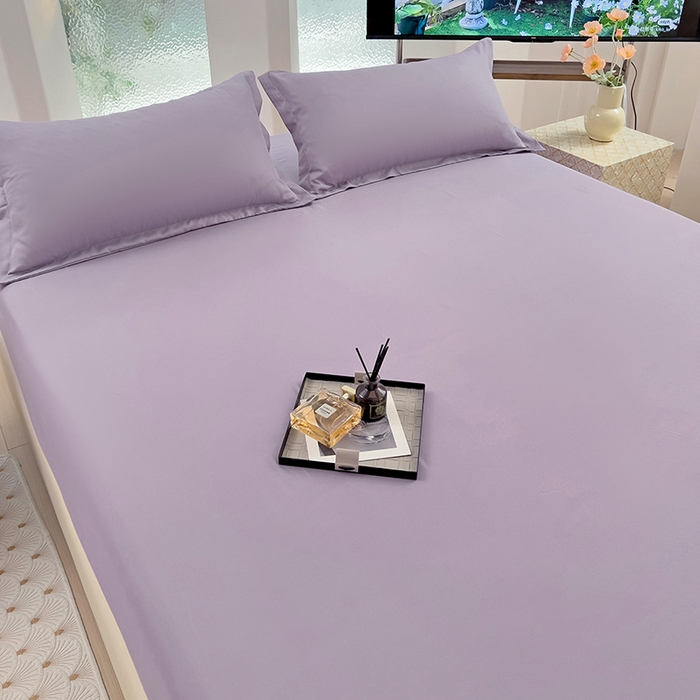 91家纺网 家纺一手货源 找家纺  楠沐家纺 2025新款纯色亲肤芦荟棉水洗棉床笠 浅紫