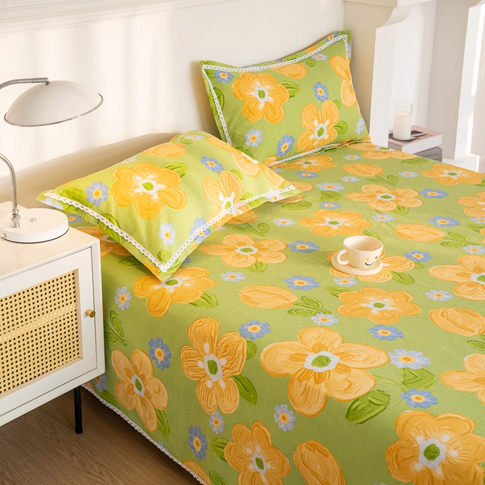 91家纺网 家纺一手货源 找家纺 首爱家纺 2025新款花边老粗布印花床单系列套件 时尚花梦