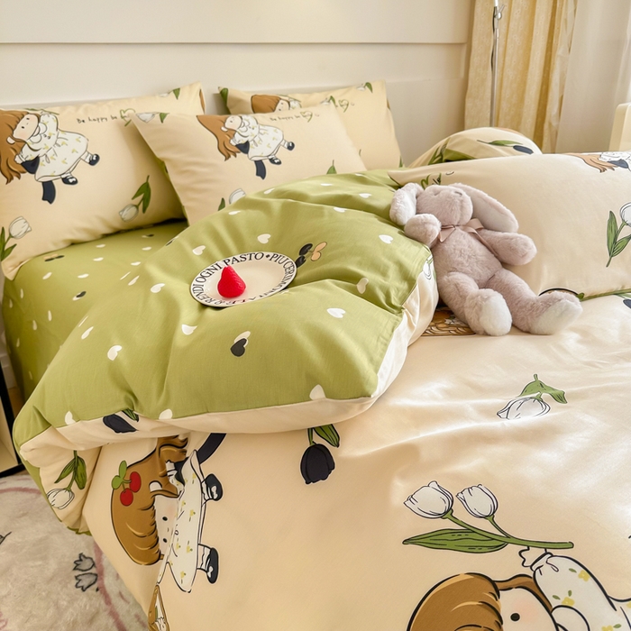 91家纺网 家纺一手货源 找家纺 呗旺鹿 2024新款小清新全棉纯棉四件套欧尼酱