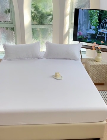 91家纺网 家纺一手货源 找家纺  楠沐家纺 2025新款纯色亲肤芦荟棉水洗棉床笠 本白