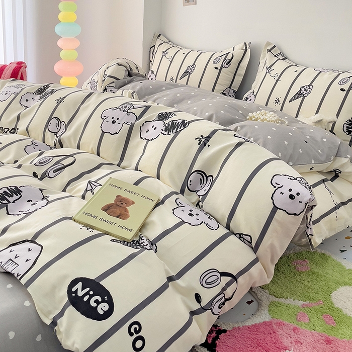 91家纺网 家纺一手货源 找家纺 乐童 2024新款直播爆款13070纯棉印花吊边款一字绣四件套 动感地带