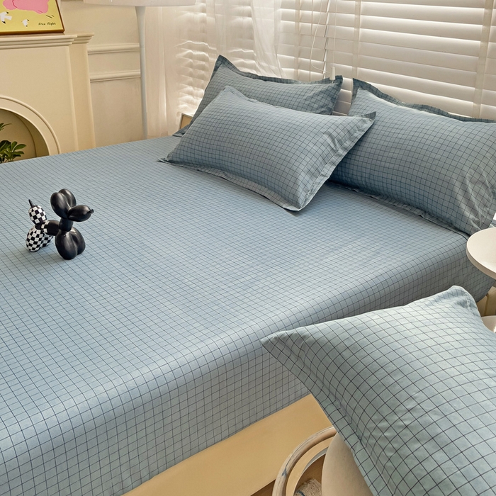 91家纺网 家纺一手货源 找家纺  楠沐家纺 2025新款印花亲肤芦荟棉水洗棉床笠 小蓝格