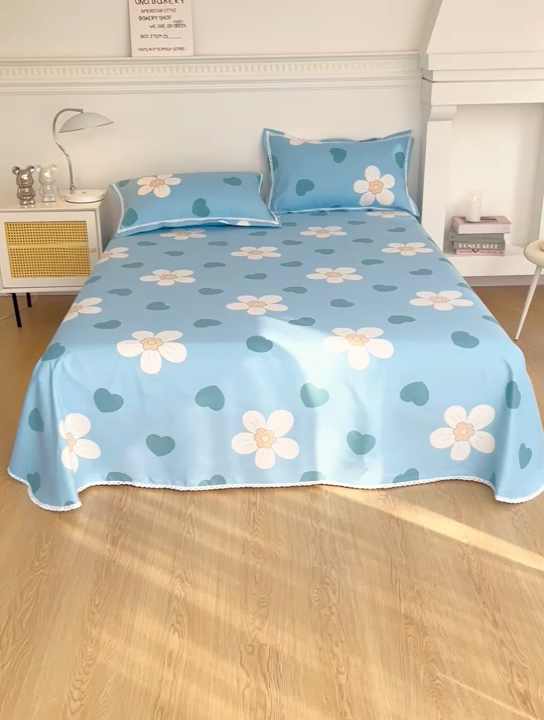 91家纺网 家纺一手货源 找家纺 棉乐町家居 2025新款花边老粗布印花床单系列 花心-蓝