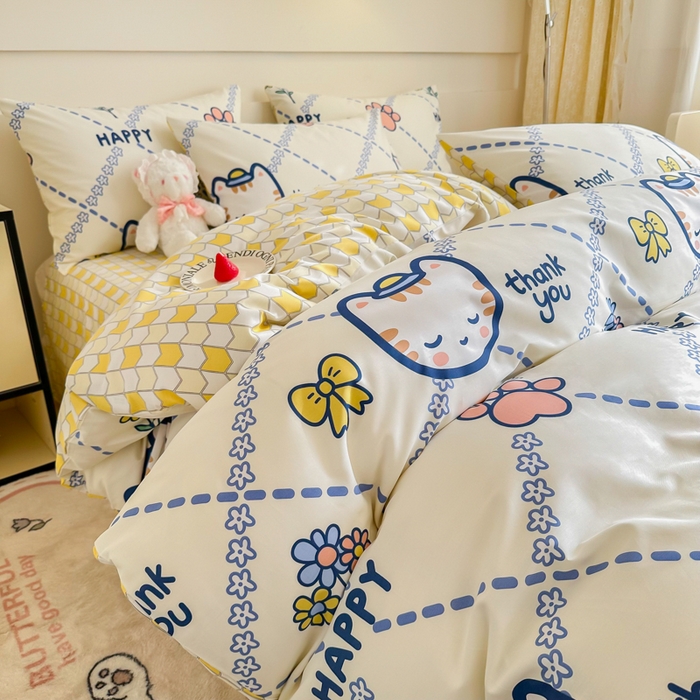 91家纺网 家纺一手货源 找家纺 呗旺鹿 2024新款小清新全棉纯棉四件套小懒猫