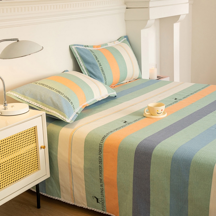 91家纺网 家纺一手货源 找家纺 首爱家纺 2025新款花边老粗布印花床单系列套件 时尚鹿条