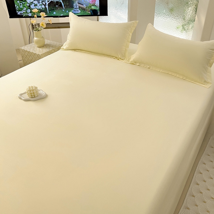 91家纺网 家纺一手货源 找家纺  楠沐家纺 2025新款纯色亲肤芦荟棉水洗棉床笠 米黄