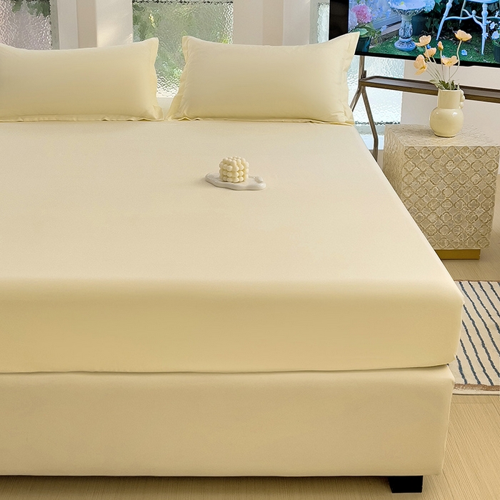 91家纺网 家纺一手货源 找家纺  楠沐家纺 2025新款纯色亲肤芦荟棉水洗棉床笠 米黄