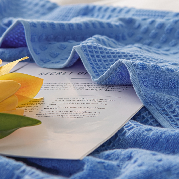 91家纺网 家纺一手货源 找家纺 雯雨家纺 2024老式怀旧A类纯棉毛巾被 蜂窝深蓝