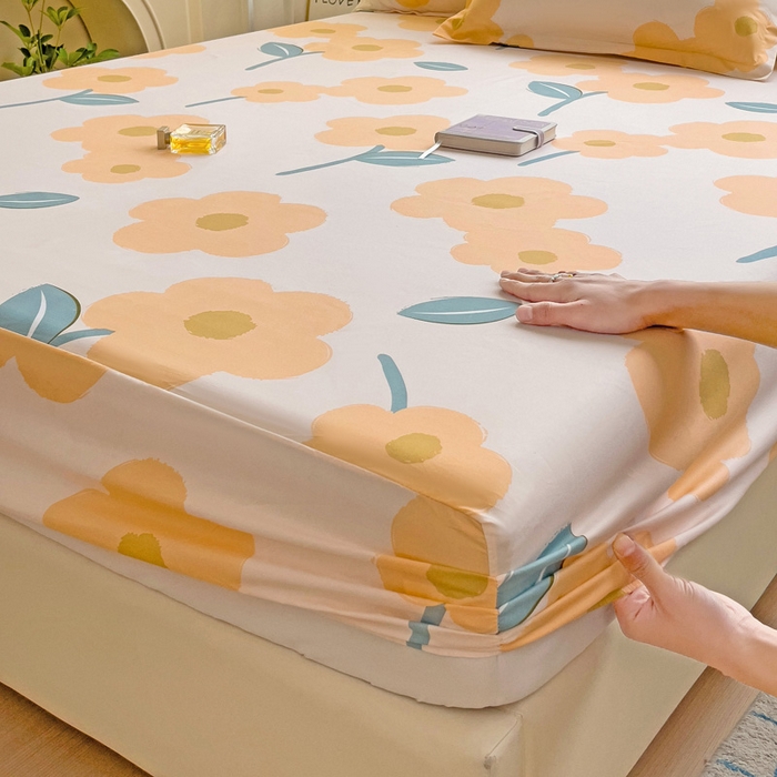 91家纺网 家纺一手货源 找家纺  楠沐家纺 2026新款印花亲肤芦荟棉水洗棉床笠 春色暖阳