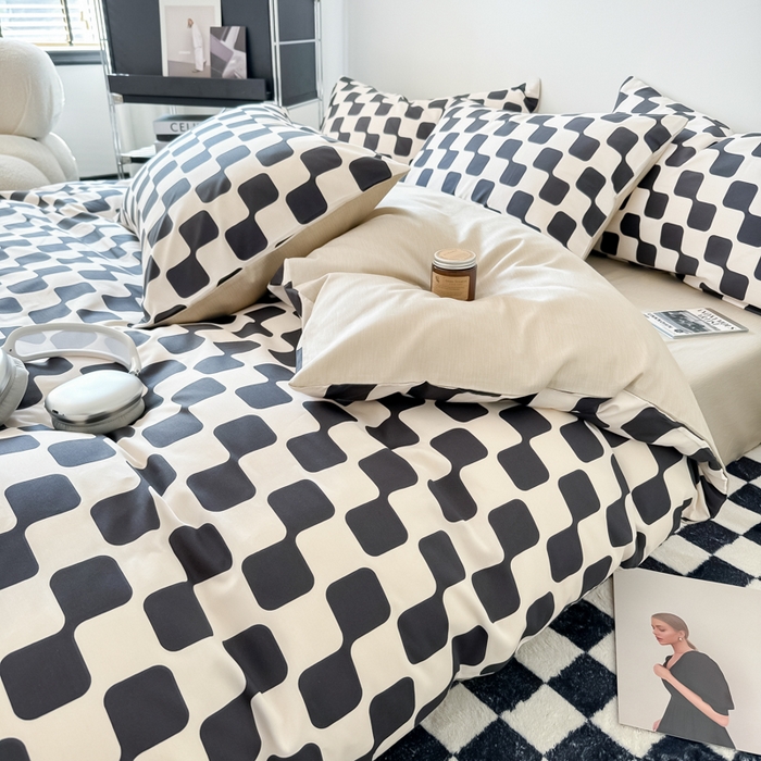 91家纺网 家纺一手货源 找家纺 呗旺鹿 2024新款休闲风全棉纯棉四件套 黑米格